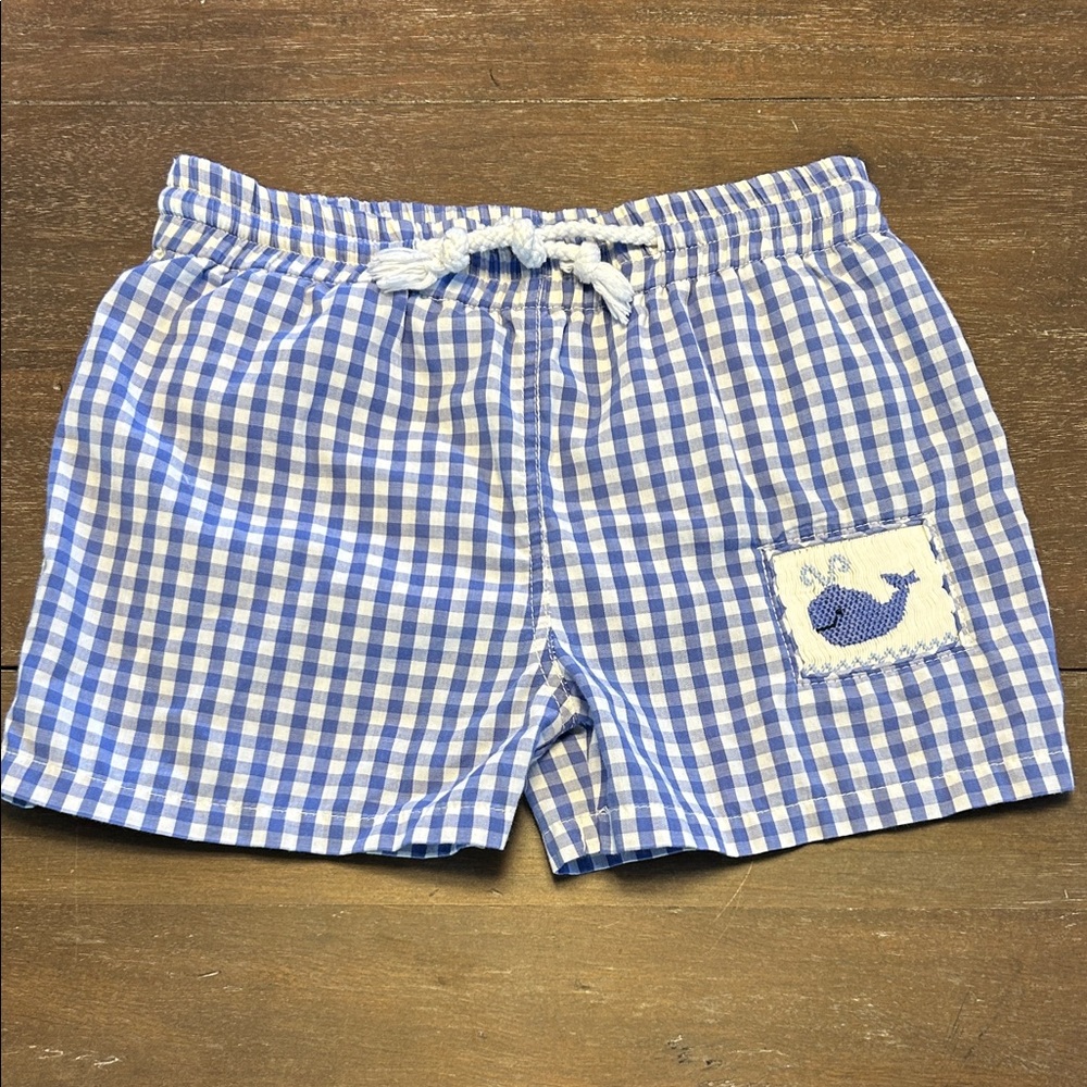 Southern Sunshine Smocked Whale Blue/White Check Swim Trunks